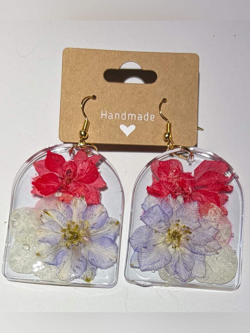 Handmade Floral Resin Dangle Earrings - Red & Purple